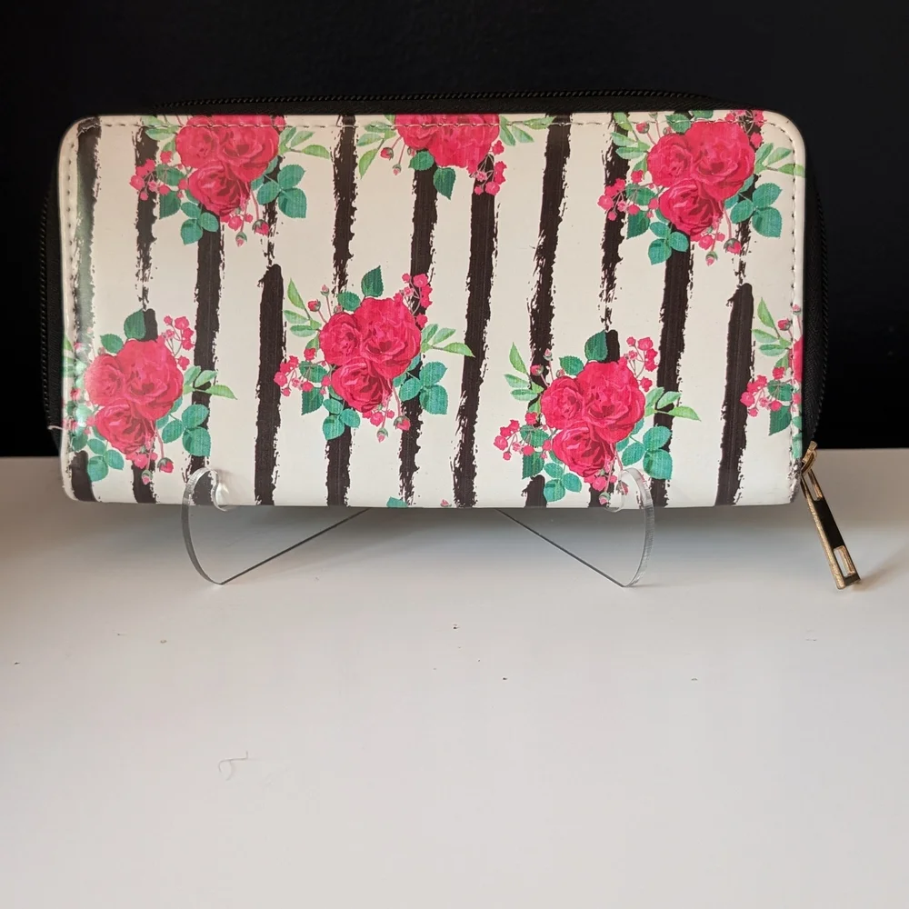 Floral Stripe Zip-Around Wallet in White and Pink